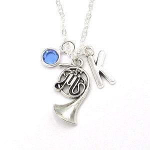 French Horn Necklace- birthstone and initial, French Horn Jewelry, French Horn Gift, Personalized French Horn, Music Necklace, Birthday Gift