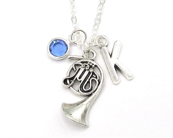 French Horn Necklace- birthstone and initial, French Horn Jewelry, French Horn Gift, Personalized French Horn, Music Necklace, Birthday Gift