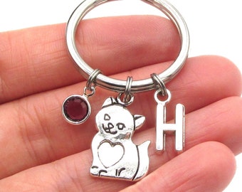 Cat Keychain- birthstone and initial, Cat Keyring, Cat Birthday Gift, Cat Accessories, Silver Kitty Cat with Heart Charm Gift for Her