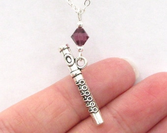 Flute Necklace- choose a birthstone, Flute Jewelry, Flute Instrument, Music Necklace, Flautist Gift, Flute Charm, Flute Teacher Gift for Her