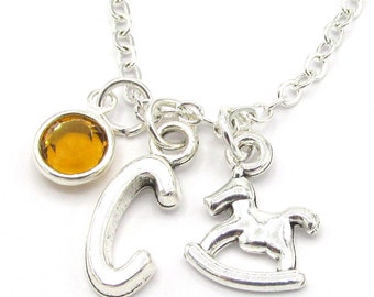 Rocking Horse Necklace- birthstone and initial, New Mom Jewelry, New Mom Gift, Rocking Horse Gift, New Baby New Mom Maternity Gift