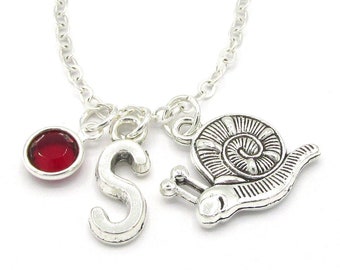 Snail Necklace- birthstone and initial, Snail Jewelry, Snail Gift, Snail Charm, Personalized Snail, Snail Lover, Snail Birthday Gastropoda