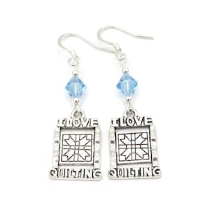 I Love Quilting Earrings- choose a birthstone, Quilt Jewelry, Quilt Gift, Quilter Birthstone, I Love to Quilt, Gift for Quilter, Quilt Charm