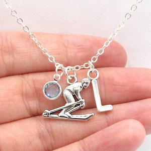 Ski Necklace- birthstone and initial, Ski Jewelry, Skiier Jewelry, Person Skiing Charm, Personalized Ski Gift, Winter Sports Jewelry for Her