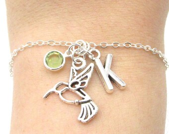 Hummingbird Bracelet- choose a birthstone and initial, Hummingbird Jewelry, Silver Bird Bracelet, Bird Charm Bracelet, Hummingbird Gift