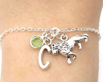 Lion Bracelet- birthstone and initial, Lion Charm Bracelet, Lion Jewelry, Lion Gift, Personalized Lion, Silver Lion Bracelet, Lion Cat Gift