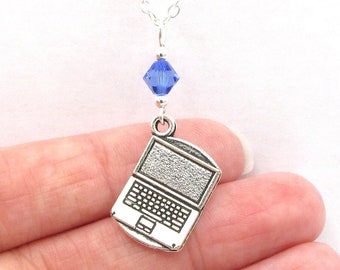 Laptop Necklace- choose a birthstone, PC Pendant, Computer Pendant, Techie Necklace, Techie Gift, Techie Jewelry, Computer Geek Gift for Her