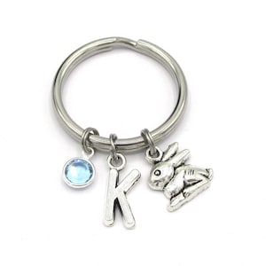 Rabbit Keychain- birthstone and initial, Rabbit Keyring, Rabbit Gift, Bunny Keychain, Bunny Keyring, Bunny Gift, Silver Rabbit Charm Gift