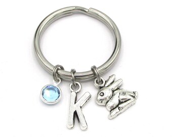 Rabbit Keychain- birthstone and initial, Rabbit Keyring, Rabbit Gift, Bunny Keychain, Bunny Keyring, Bunny Gift, Silver Rabbit Charm Gift