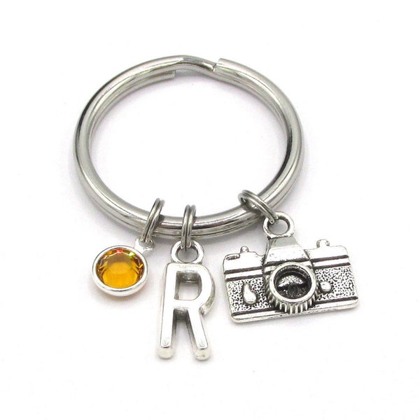 Camera Keychain- birthstone and initial, Photography Keychain, Camera Keyring, Photography Keyring, Photographer Gift for Her, Photography