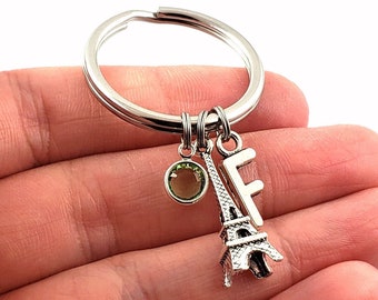 Eiffel Tower Keychain- choose a birthstone and initial, Eiffel Tower Keyring, Eiffel Tower Gift, Eiffel Tower Accessories, France Keychain