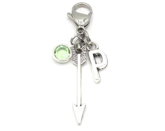 Arrow Zipper Pull- birthstone and initial, Arrow Bag Pull, Personalized Arrow, Arrow Zipper Charm, Arrow Gift, Silver Arrow Pull, Archery