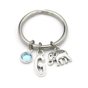 Elephant Keychain- birthstone and initial, Elephant Keyring, Elephant Gift for Her, Silver Elephant Charm, Birthstone Good Luck Gift for Her