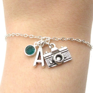 Camera Bracelet- birthstone and initial, Camera Jewelry, Photographer Bracelet, Photography Jewelry, Photography Gift, Tourist Gift for Her