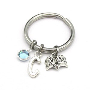 Book Keychain- birthstone and initial, Book Keyring, Reading Keychain, Reading Keyring, Book Gift, I Love to Read, Avid Reader Gift for Her