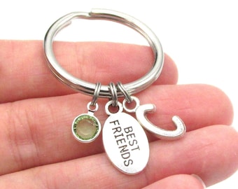 Best Friends Keychain- birthstone and initial, Best Friends Keyring, Best Friend Gift, Best Friends Charm, BFF Keychain, BFF Gift for Her