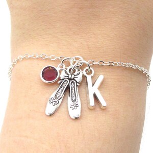 Ballet Bracelet- birthstone and initial, Ballet Jewelry, Ballet Gift, Ballerina Bracelet, Ballerina Jewelry, Ballet Slippers, Dance Gift
