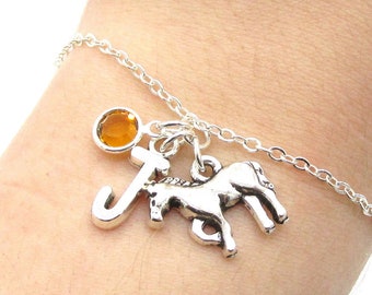 Horse Bracelet- birthstone and initial, Horse Jewelry, Horse Gift, Personalized Horse, Pony Bracelet, Pony Jewelry, Horse Birthday Gift