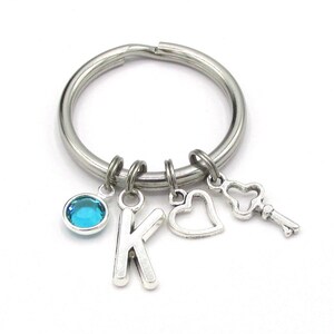 Key to Her Heart Keychain- birthstone and initial, Silver Key Heart Charm Keyring, Girlfriend Gift, Anniversary Gift, Love Accessories