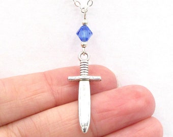 Sword Necklace- choose a birthstone, Sword Pendant, Sword Jewelry, Medieval Pendant, Medieval Necklace, Sword Charm, Sword Gift for Her