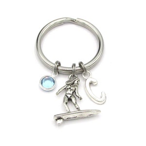 Surfer Keychain- birthstone and initial, Surfing Keychain, Surf Keyring, Surf Gift, Beach Keychain, Surfboard Keychain, Surfer Gift for Her