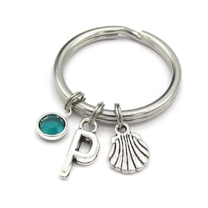 Seashell Keychain- birthstone and initial, Seashell Keyring, Seashell Gift, Seashell Charm, Ocean Keychain, Beach Keychain, Summer Gift