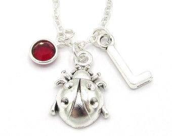 Ladybug Necklace- birthstone and initial, Ladybug Jewelry, Ladybug Gift, Insect Jewelry, Animal Jewelry, Silver Ladybug Charm, Charm Jewelry