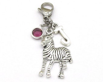 Zebra Zipper Pull- birthstone and initial, Zebra Accessory, Zebra Bag Pull, Zebra Gift, Zebra Charm, Zebra Purse Pull, Zebra Birthday Gift