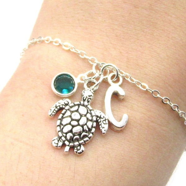 Sea Turtle Bracelet- birthstone and initial, Sea Turtle Jewelry, Turtle Bracelet, Turtle Birthday, Turtle Gift, Turtle Charm, Beach Jewelry