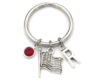 USA Flag Keychain- birthstone and initial, USA Flag Keyring, United States of America, USA Gift for Her, Patriotic 4th of July Accessories