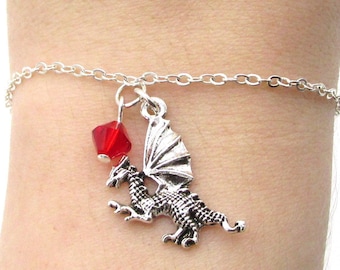 Dragon Bracelet- choose a birthstone, Dragon Jewelry, Dragon Birthstone, Dragon Birthday, Dragon Charm Bracelet, Silver Dragon, Fantasy Gift
