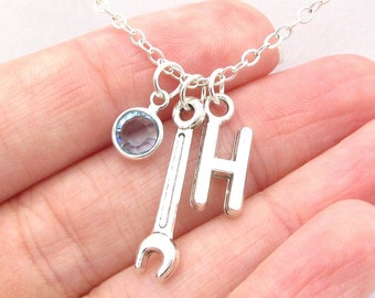 Wrench Necklace- birthstone and initial, Tool Charm Necklace, Tool Jewelry, Handywoman Gift, Plumber Jewelry, Mechanic Jewelry, Wrench Gift