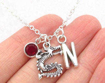 Dragon Necklace- birthstone and initial, Dragon Jewelry, Dragon Pendant, Dragon Accessories, Dragon Charm Gift, Chinese Good Luck Gift