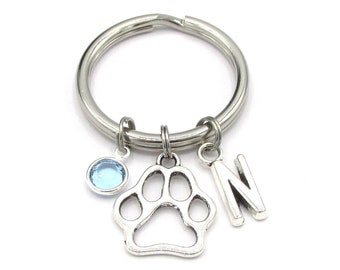 Paw Print Keychain- birthstone and initial, Pawprint Keychain, Paw Print Keyring, Paw Keychain, Pet Memorial Keychain, Paw Charm Pet Gift