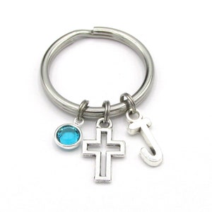 Crucifix Keychain- birthstone and initial, Silver Cross Charm Keyring, Christian Gift for Her, Birthstone Initial Cross Keyring, Jesus Gift