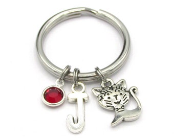 Cat Keychain- birthstone and initial, Cat Key Ring, Cat Gift, Cat Charm Keychain, Personalized Cat, Initial Keychain, I Love Cats, Kitty