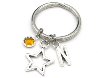 Star Keychain- birthstone and initial, Star Keyring, Star Accessories, Star Gift, Star Charm, Be a Star, You're a Star, Astronomy Celestial