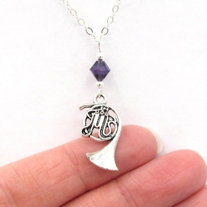 French Horn Necklace- choose a birthstone, French Horn Jewelry, Music Necklace, French Horn Gift, French Horn Teacher, Music Birthday Gift