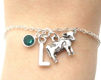 Cow Bracelet- birthstone and initial, Cow Jewelry, Silver Cow Bracelet, Cow Charm Bracelet, Farm Charm Jewelry, Cow Birthday Gift for Her