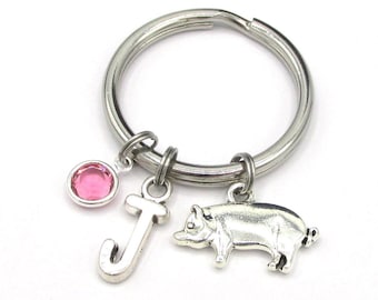 Pig Keychain- birthstone and initial, Personalized Pig Piglet Birthstone Keyring, Silver Pig Accessories Gift, Pig Gift for Her, Farm Gift