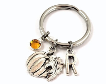 Pumpkin Keychain- choose a birthstone and initial, Pumpkin Keyring, Pumpkin Gift, Pumpkin Accessories, Fall Keychain, Fall Accessories