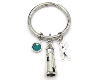 Lighthouse Keychain- birthstone and initial, Lighthouse Keyring, Lighthouse Gift, My Lighthouse, Light House Keychain, Ocean Nautical Charm