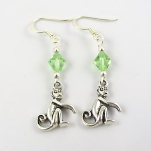 Monkey Earrings- choose a birthstone, Monkey Jewelry, Monkey Birthstone, Monkey Gift, Monkey Charms, Monkey Birthday, Charm Earrings