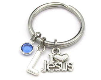 I Love Jesus Keychain- birthstone and initial, Jesus Keyring, Christian Gift, Christian Accessories, New Christian Baptism Gift, I Love God