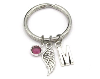 Wing Keychain- birthstone and initial, Wing Keyring, Wing Gift, Memorial Keychain, Angel Wing Keychain, Angel Wing Keyring, Wing Charm Gift