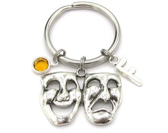 Drama Keychain- birthstone and initial, Drama Keyring, Drama Gift, Drama Masks, Comedy Tragedy Gift, Theater Keychain, Drama Charm For Her