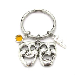Drama Keychain- birthstone and initial, Drama Keyring, Drama Gift, Drama Masks, Comedy Tragedy Gift, Theater Keychain, Drama Charm For Her