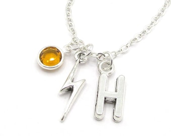 Lightning Bolt Necklace- birthstone and initial, Lightning Bolt Jewelry, Friendship Jewelry, Stormy Gift, Weather Forecaster, Strong Person