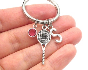 Tennis Keychain- birthstone and initial, Tennis Keyring, Tennis Gift, Tennis Player, Tennis Racquet, I Love Tennis, Sports Keychain, Tennis