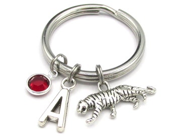 Tiger Keychain- birthstone and initial, Tiger Key Ring, Tiger Gift, Tiger Charm Keychain, Personalized Silver Tiger, Initial Keychain
